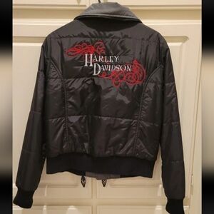 Harley Davidson Womens Large Reversible Puffy Light Jacket Gray Embroidered HD